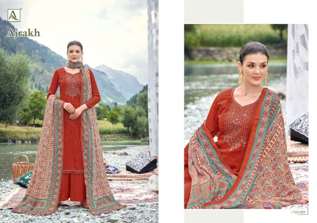 Alok Ajrak Pure Wool Pashmina Self Print With Work Dress Material Catalog