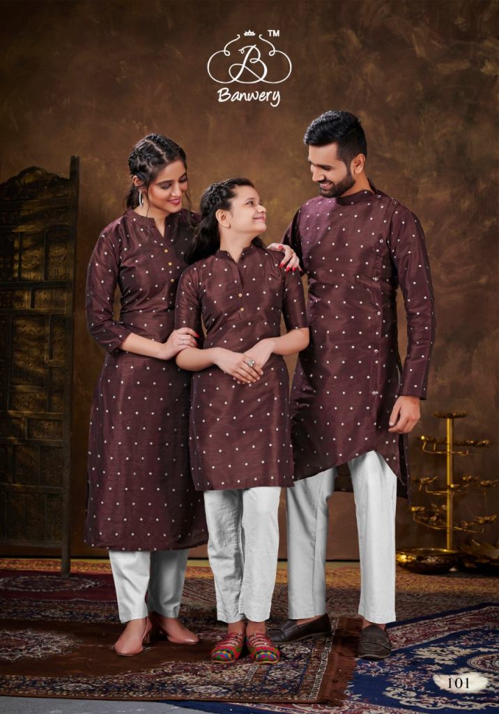 Banwery Family Combo Of Men's Kurta With Ladies Kurti And Daughter Kurti Shoping