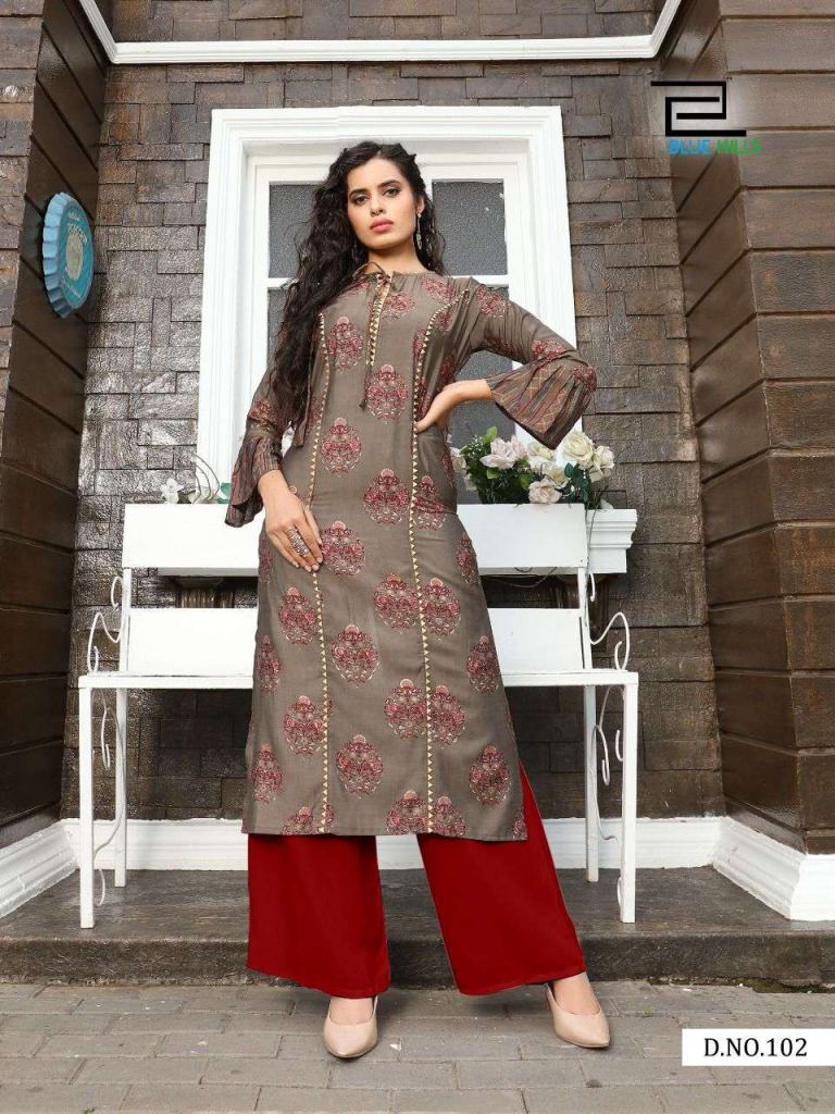 Blue Hills Glory Mill Print With Foil Kurtis With Bottom Catalog