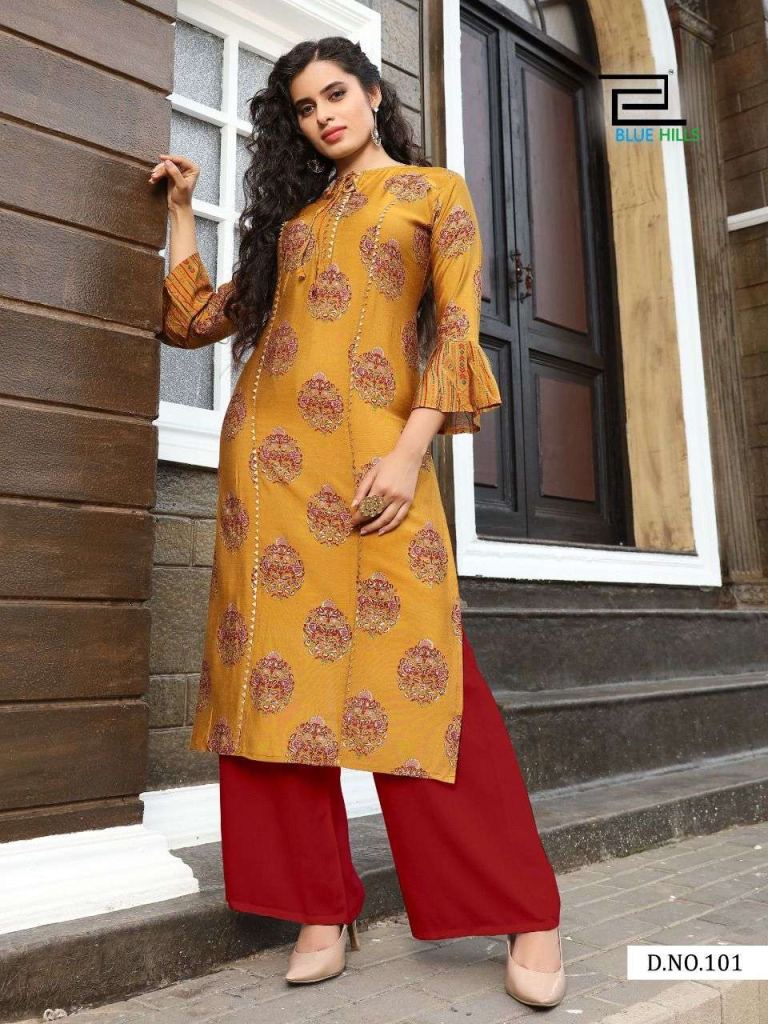 Blue Hills Glory Mill Print With Foil Kurtis With Bottom Catalog