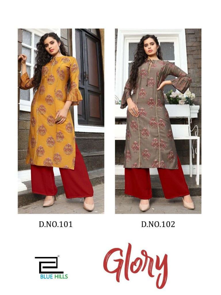 Blue Hills Glory Mill Print With Foil Kurtis With Bottom Catalog