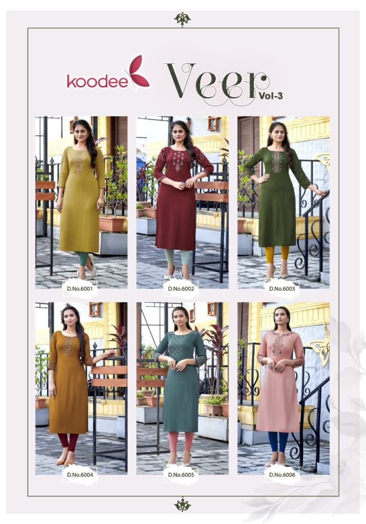 Koodee Veer Vol 3 Viscose Silk Embroidery Khatli Worked Kurti Catalog