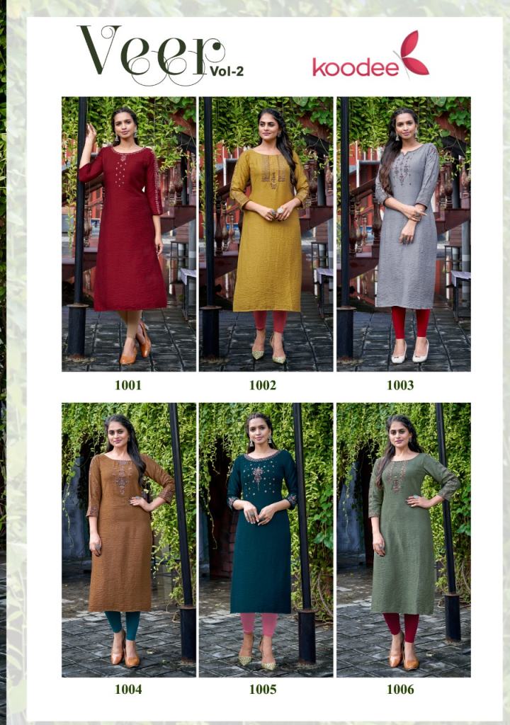 Koodee Veer Vol 2 Viscose Silk Embroidery Khatli Worked Wholesale Kurti Catalog