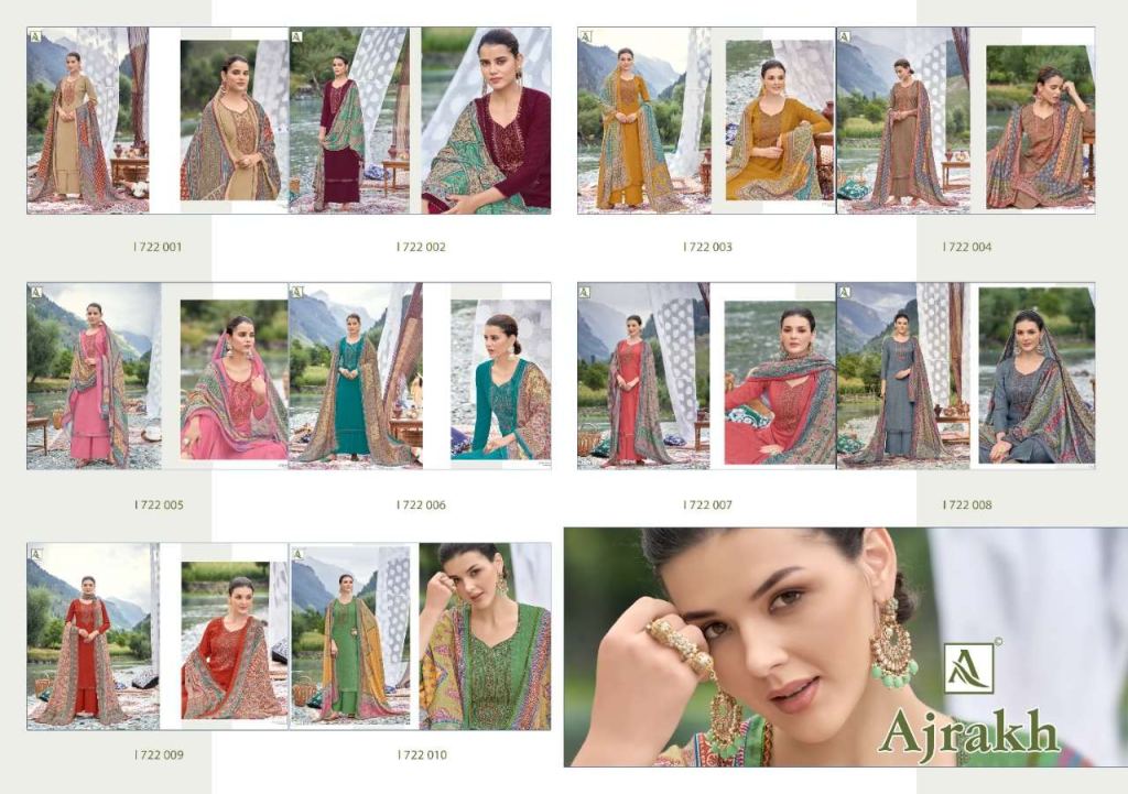 Alok Ajrak Pure Wool Pashmina Self Print With Work Dress Material Catalog