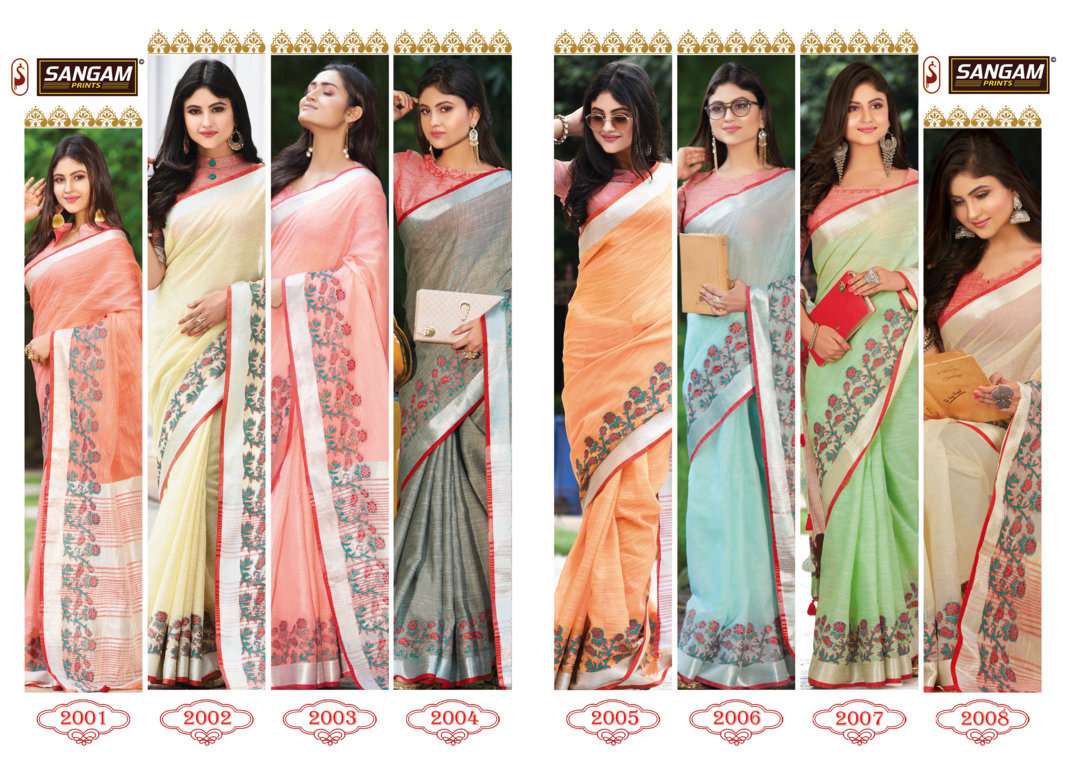 Sangam Aadya Linen Embroidery Linen Party Wear Low Rate Saree Catalog
