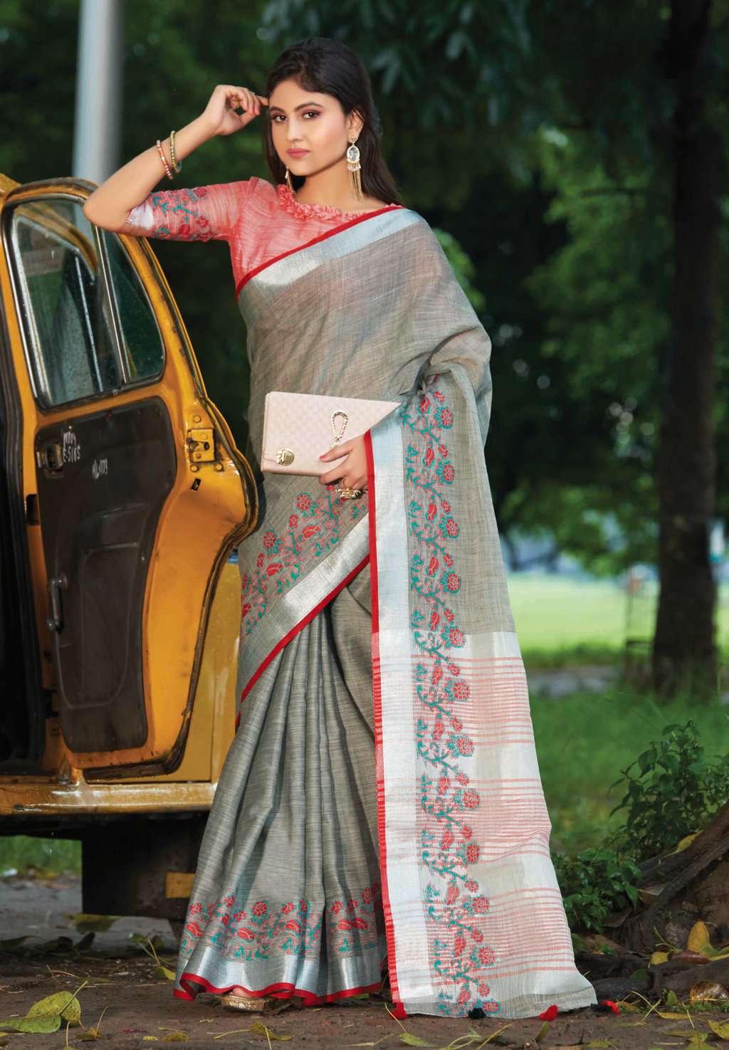 Sangam Aadya Linen Embroidery Linen Party Wear Low Rate Saree Catalog
