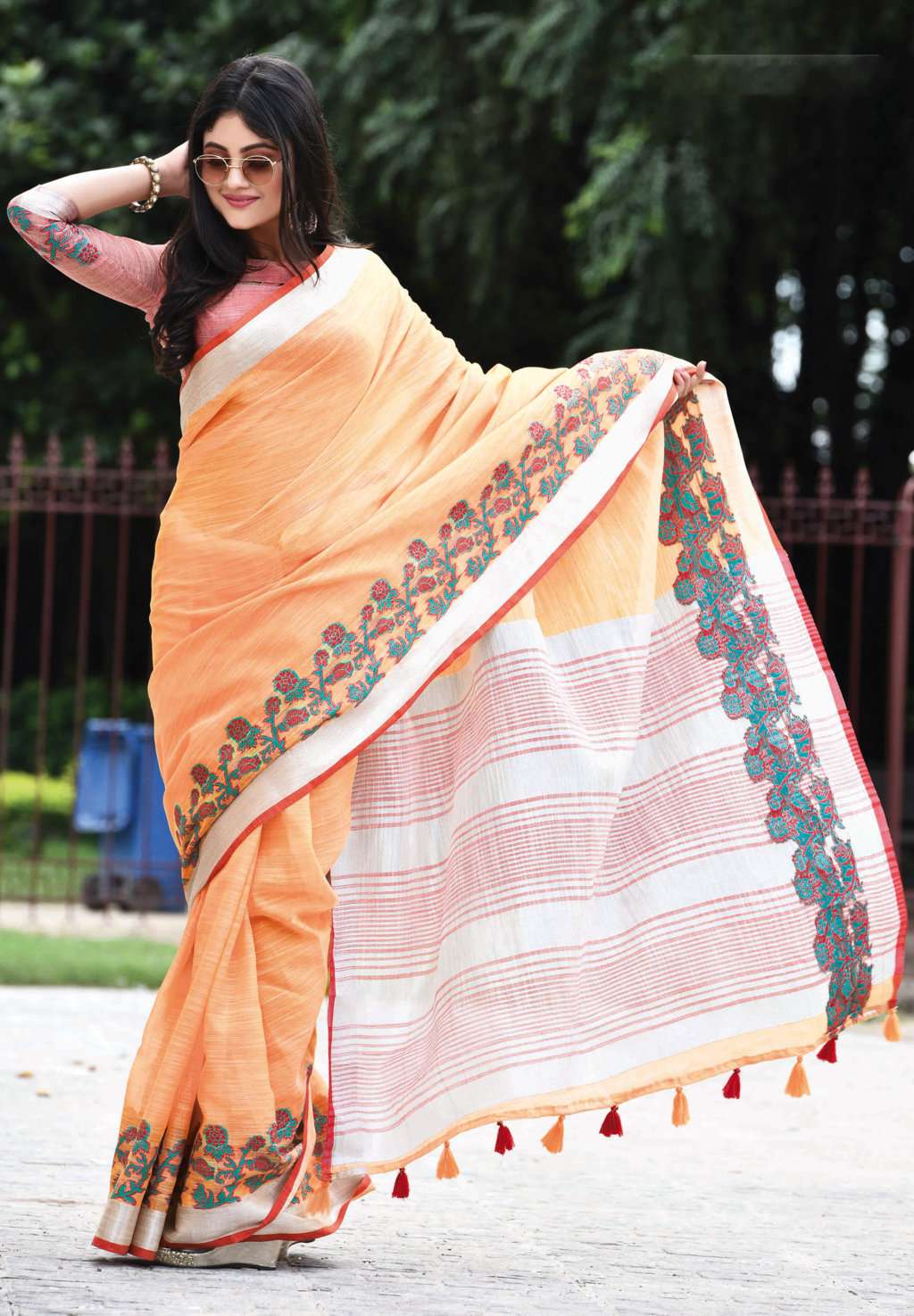 Sangam Aadya Linen Embroidery Linen Party Wear Low Rate Saree Catalog