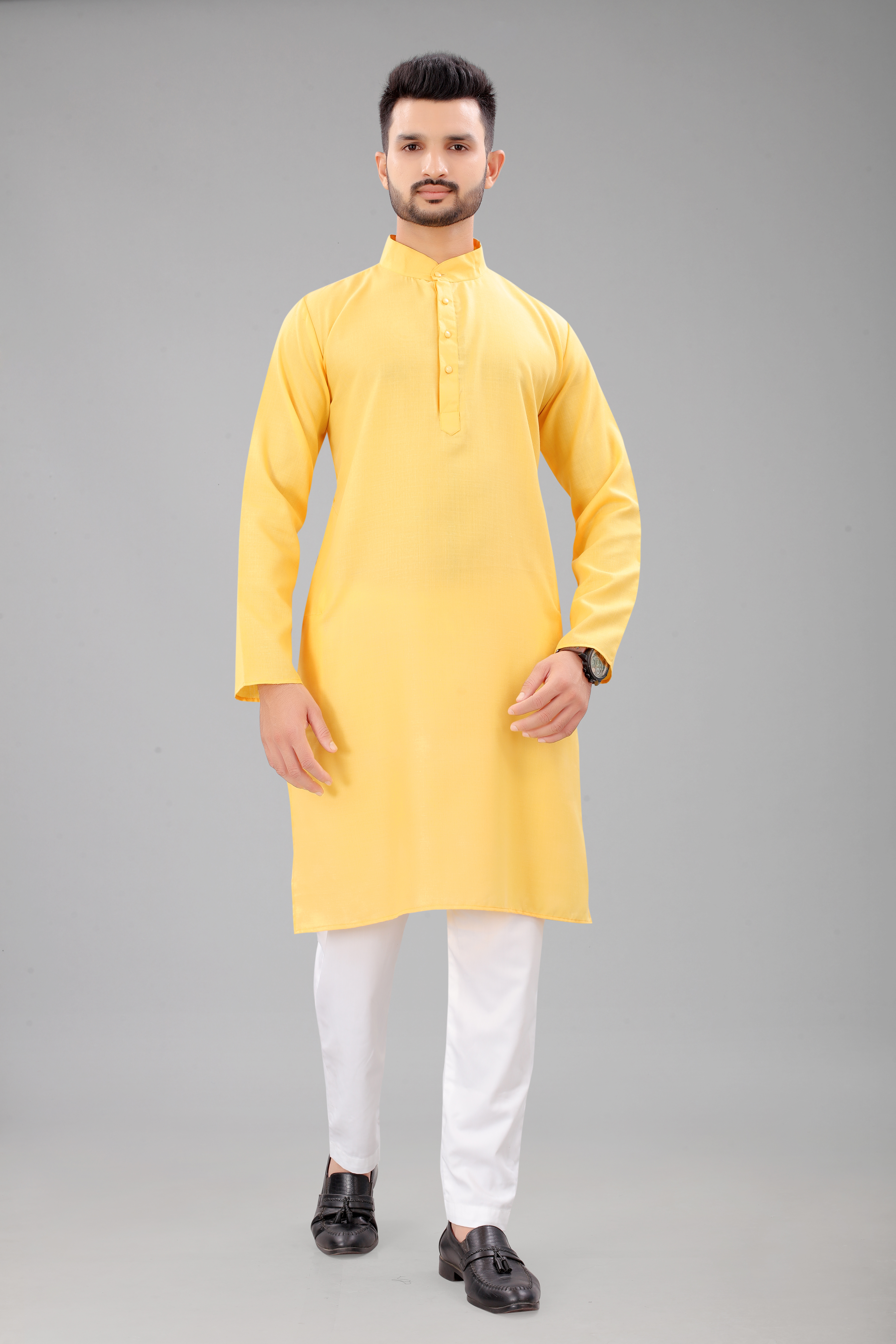 Yellow Plain Casual Wear Men's Kurta With Pajama Set