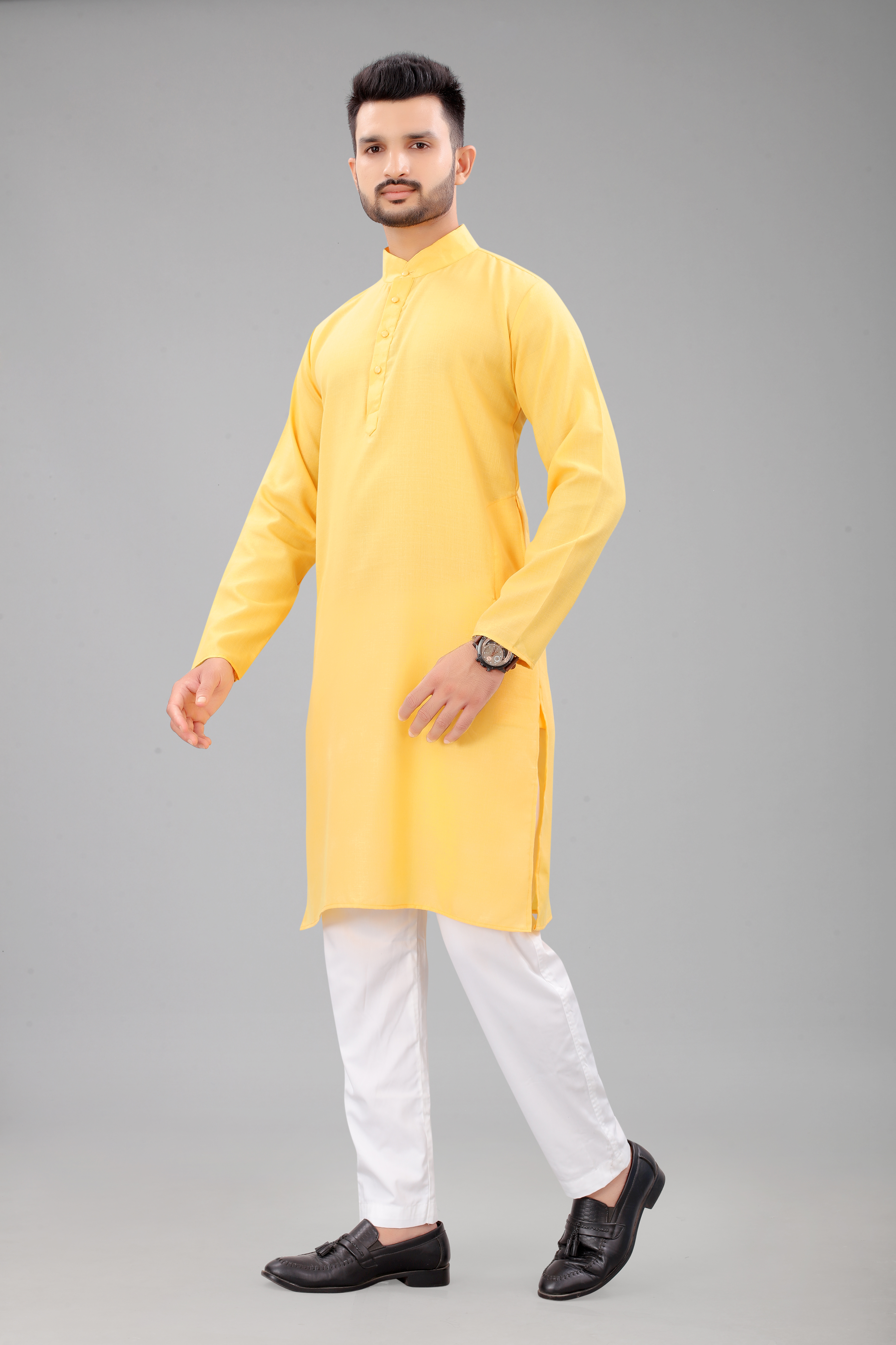 Yellow Plain Casual Wear Men's Kurta With Pajama Set