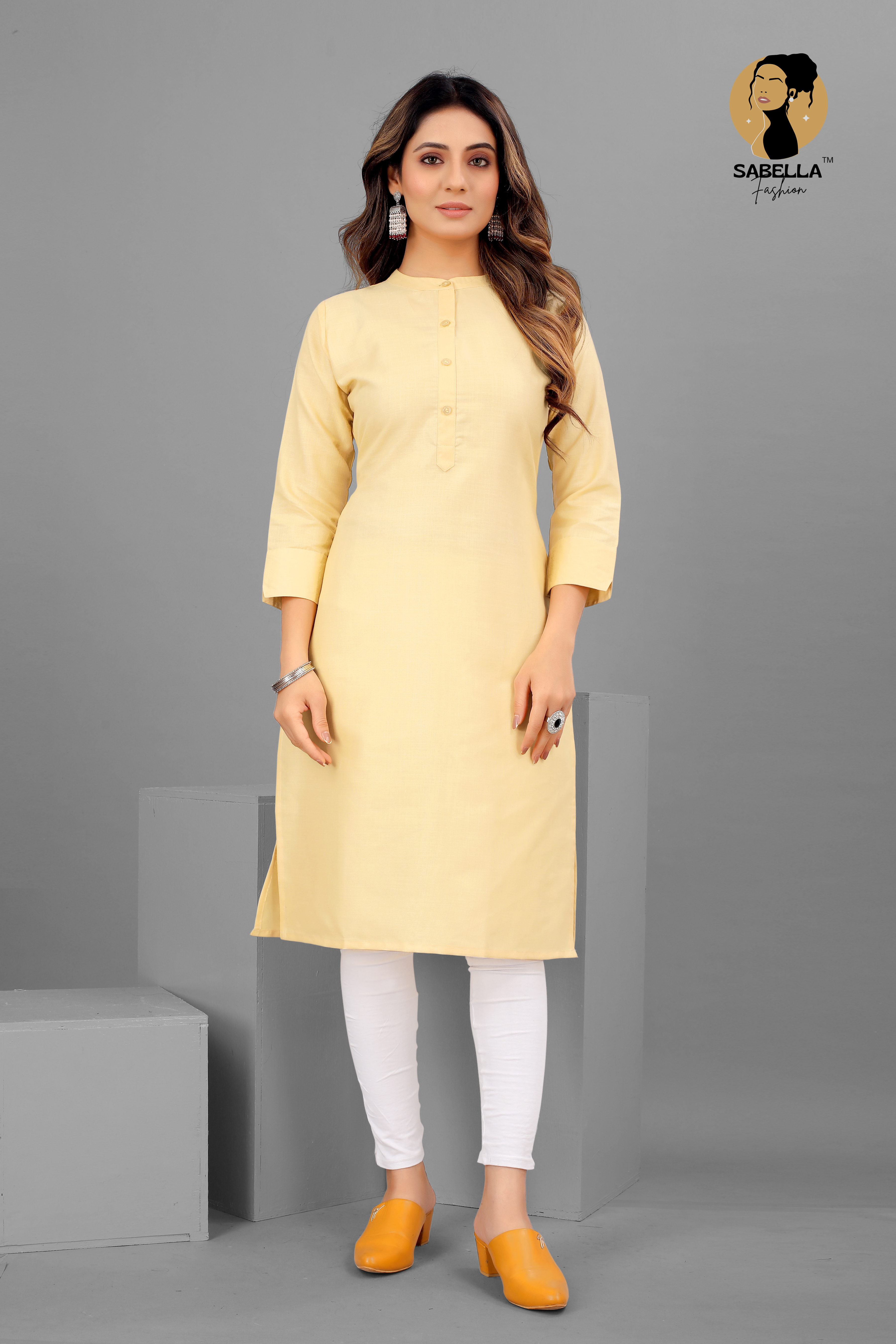Cotton Yellow Plain Straight Kurti Collection