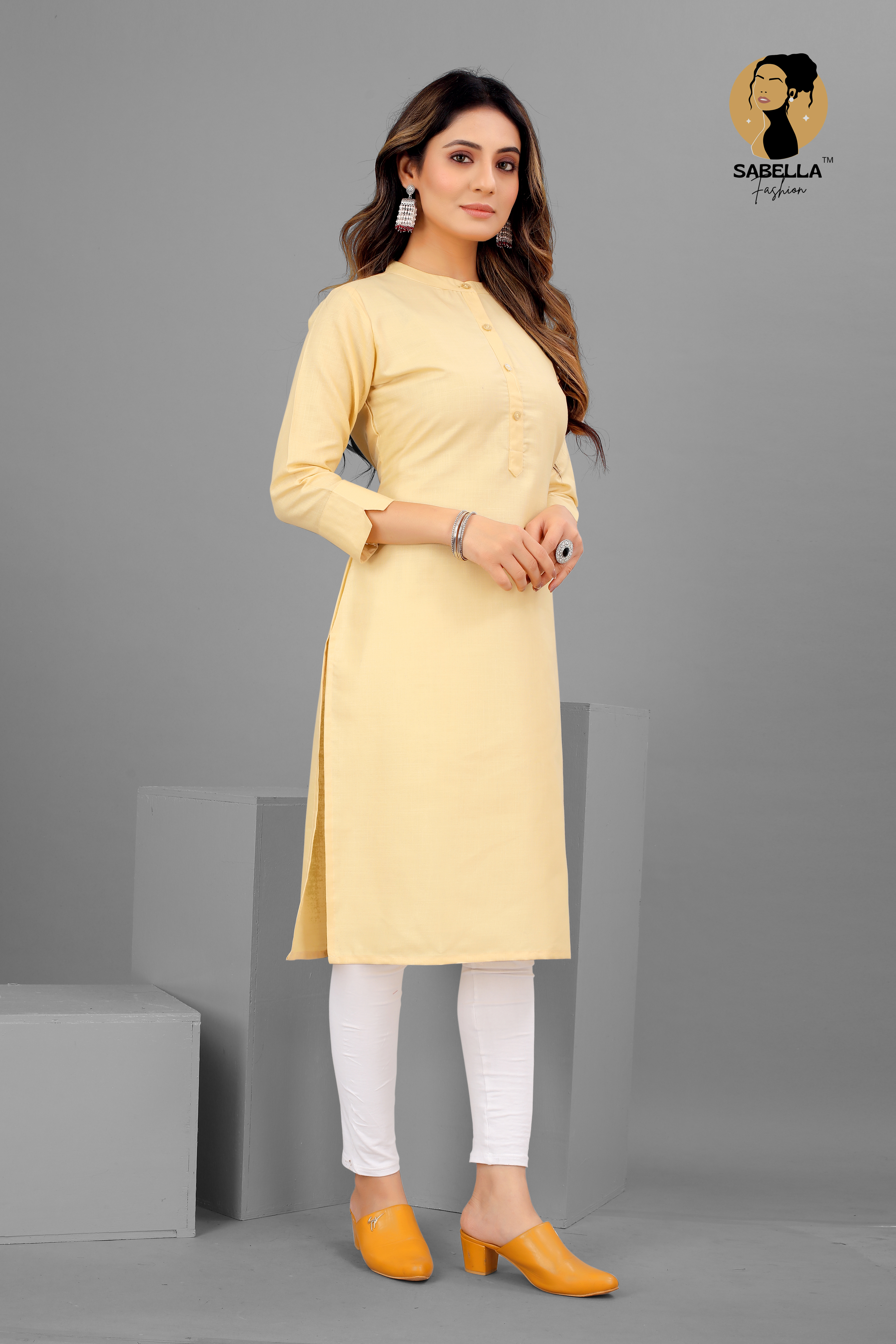 Cotton Yellow Plain Straight Kurti Collection
