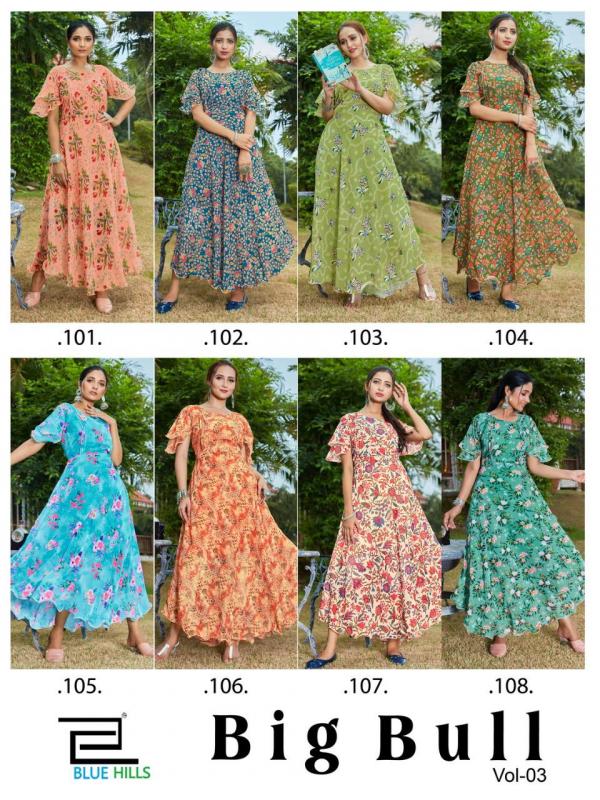 Blue Hills Big Bull  Vol 3 Fancy Chiffon Long Flair  Gown Style Kurti  Catalog