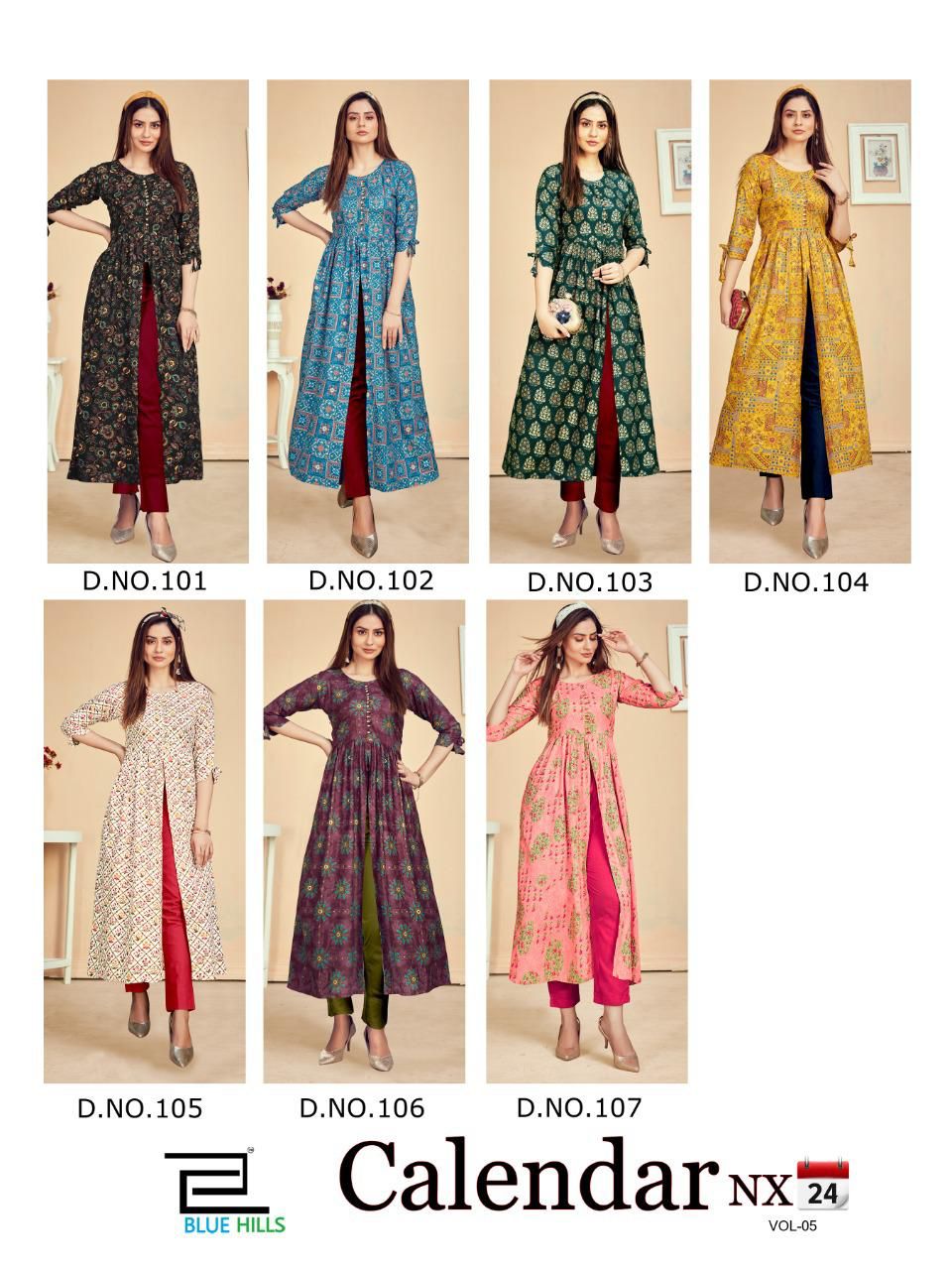 Blue Hills Calender Vol 5 Nx Rayon Desinger Long Printed Kurti Catalog