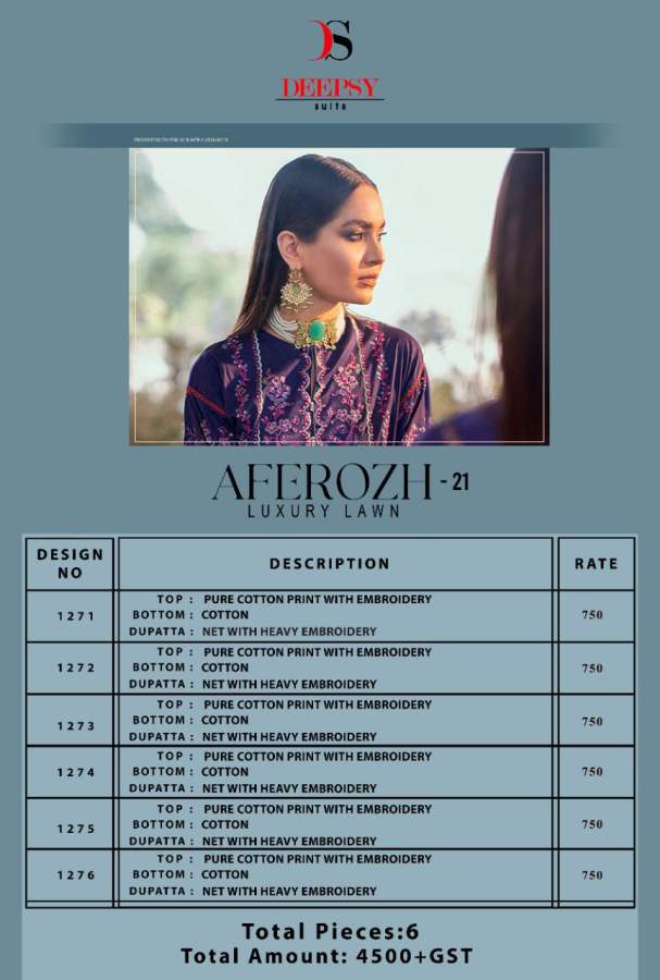Deepsy Aferozh  Vol 21 Luxury Lawn Embroidery Pakistani Salwar Suits  Catalog