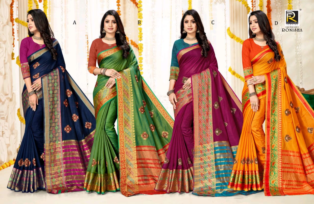 Ranjna Olive Work Butta With Stone Formal Wear Cotton Silk Saree Collction