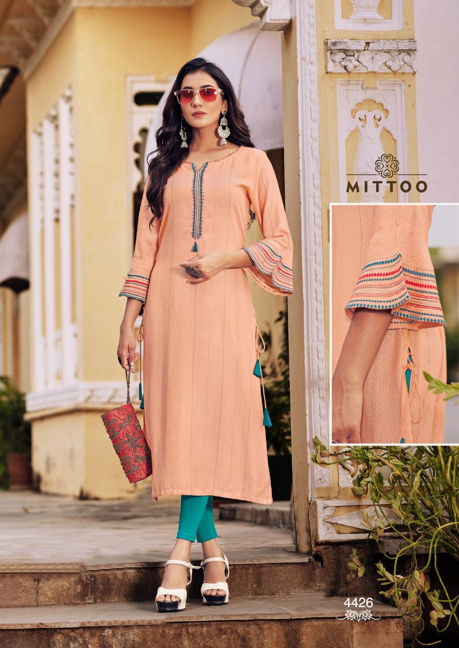 Mittoo Mayurika Vol  4 Designer Viscose Embroidery Buy New Fancy Kurti  Catalog
