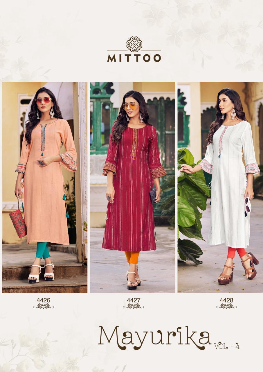 Mittoo Mayurika Vol  4 Designer Viscose Embroidery Buy New Fancy Kurti  Catalog