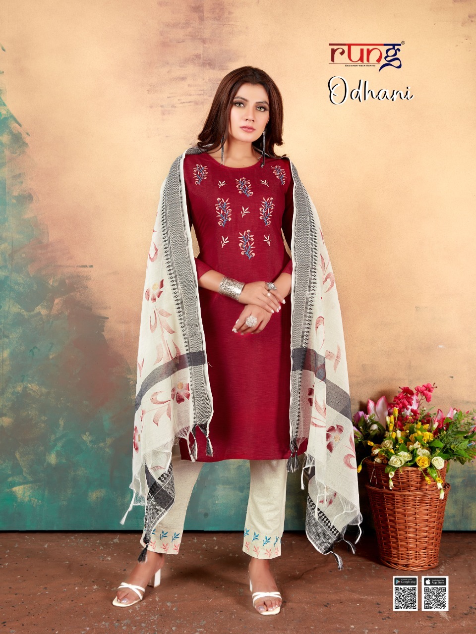 Rung Odhni Fancy Rayon Embroidery Readymade Kurti Bottom And Dupatta  Catalog