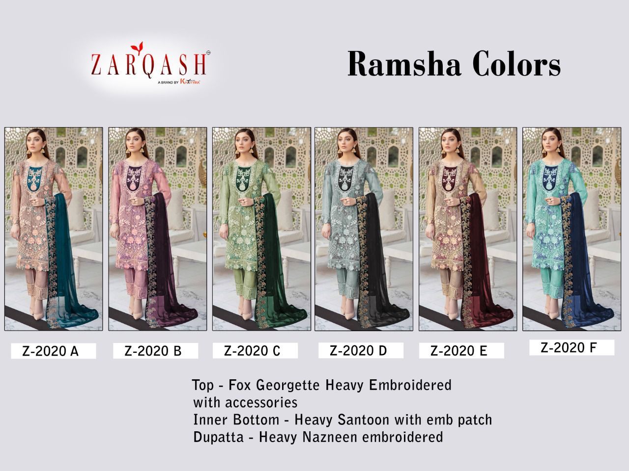 Zarqash Ramsha Colors 2020 Georgette Pakistani Salwar Suits Catalog