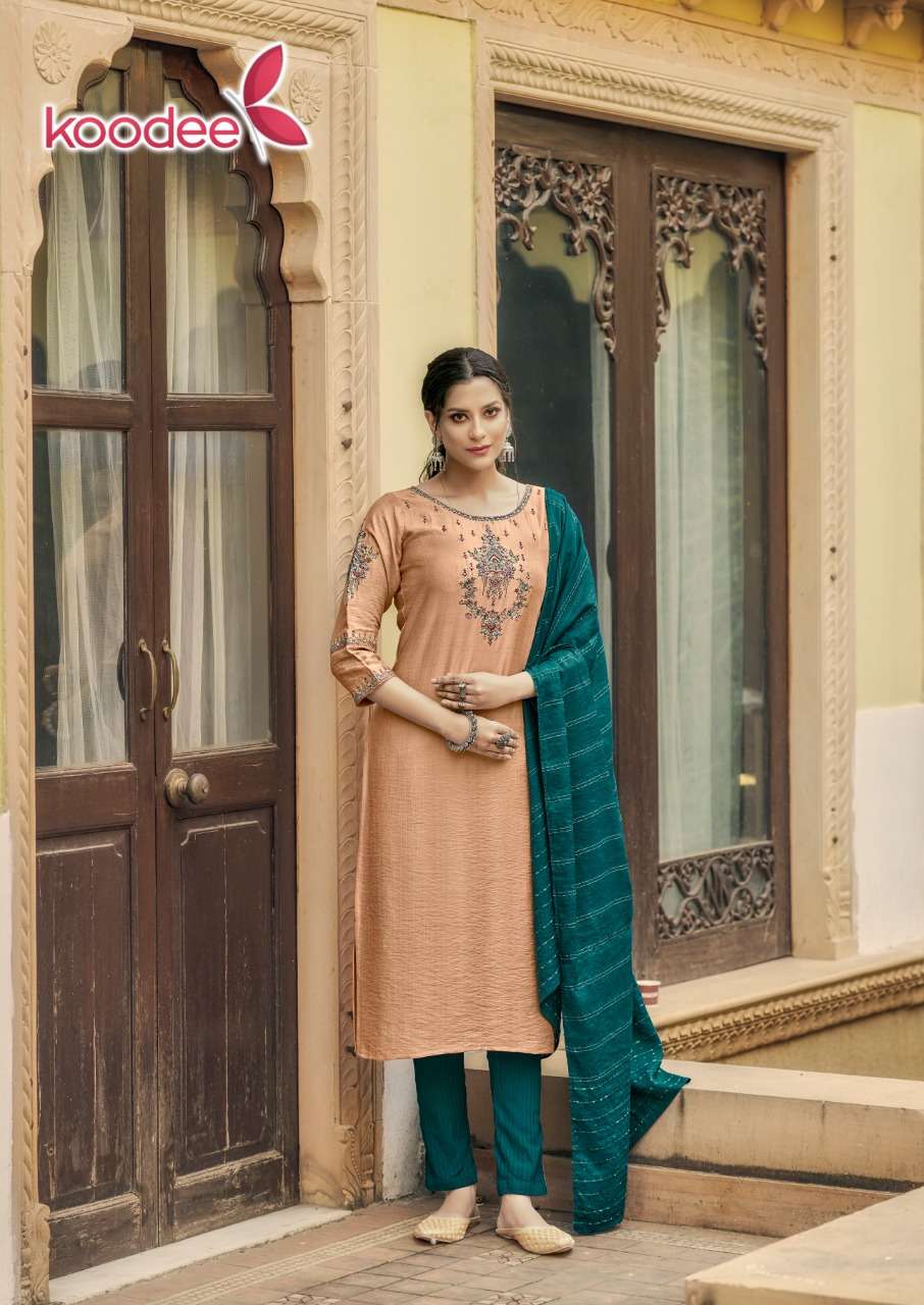 Koodee Riza Vol 3  catalog Viscose Slub Ready made Embroidery Fancy Top  Bottom with Dupatta