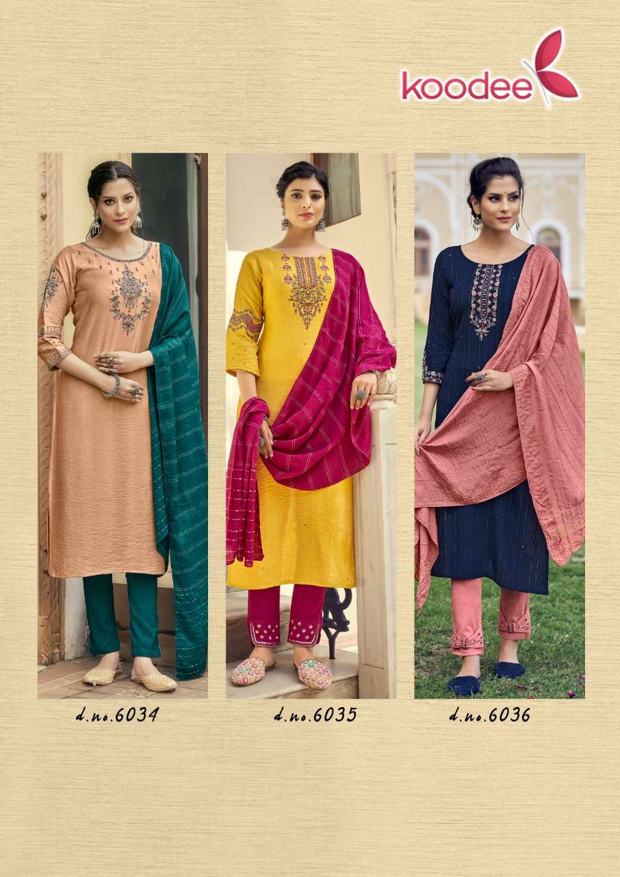 Koodee Riza Vol 3  catalog Viscose Slub Ready made Embroidery Fancy Top  Bottom with Dupatta
