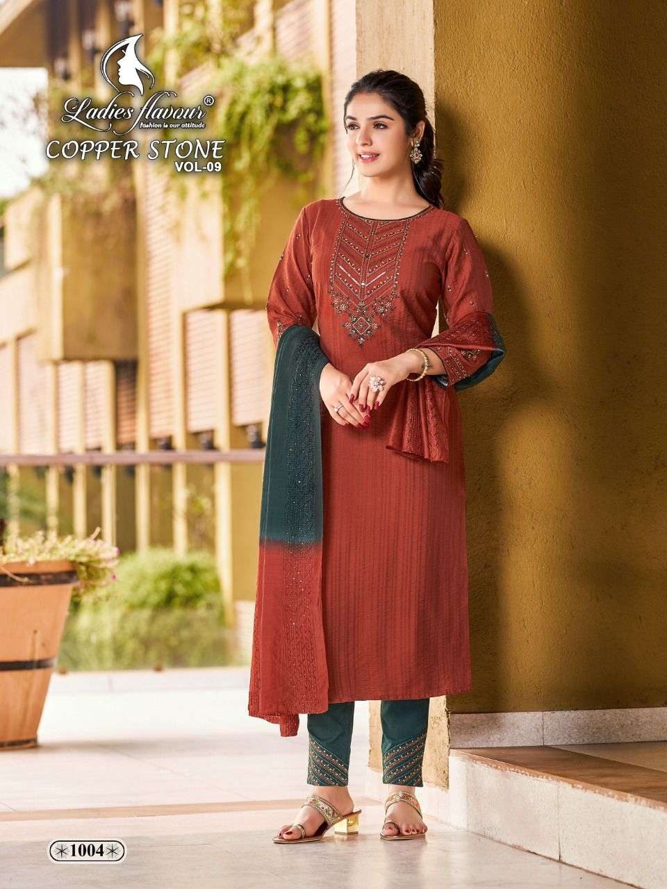 Ladies Flavour Copper Stone Vol 9 Catalog Designer Wear Readymade Top Bottom With Dupatta 