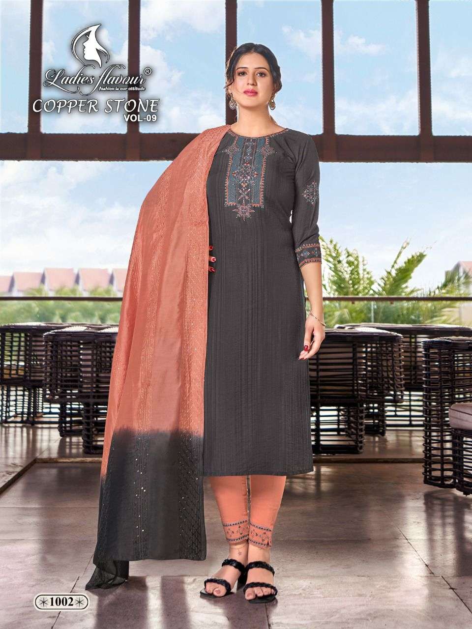 Ladies Flavour Copper Stone Vol 9 Catalog Designer Wear Readymade Top Bottom With Dupatta 