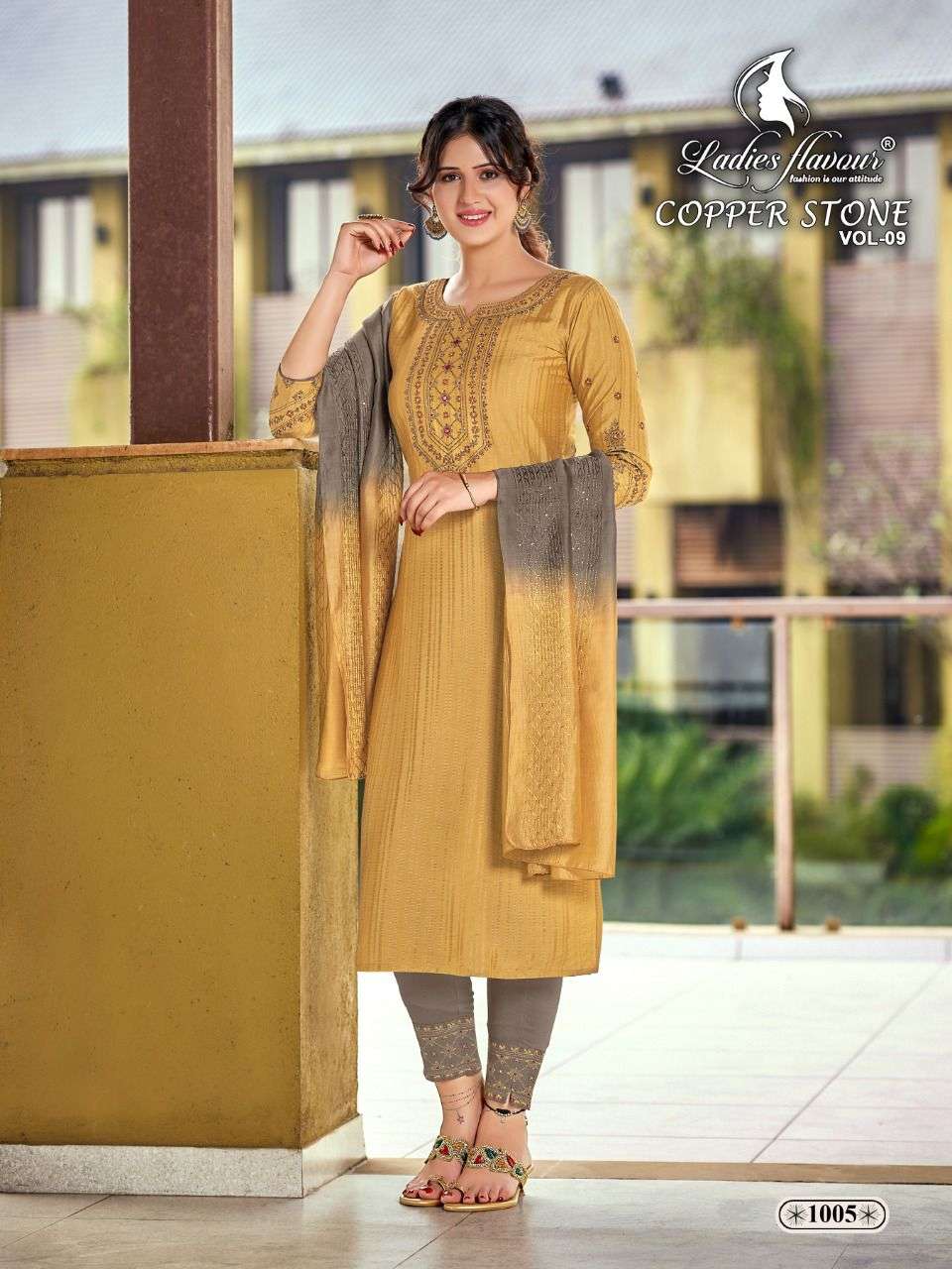 Ladies Flavour Copper Stone Vol 9 Catalog Designer Wear Readymade Top Bottom With Dupatta 