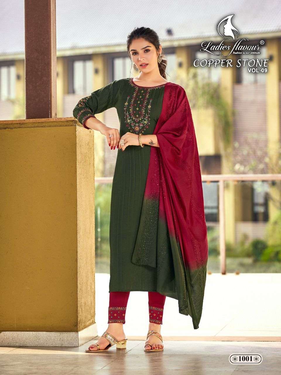 Ladies Flavour Copper Stone Vol 9 Catalog Designer Wear Readymade Top Bottom With Dupatta 