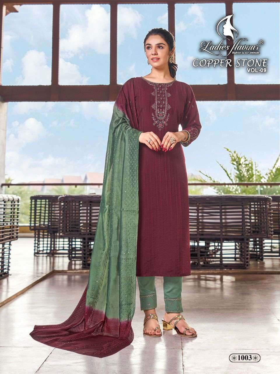 Ladies Flavour Copper Stone Vol 9 Catalog Designer Wear Readymade Top Bottom With Dupatta 