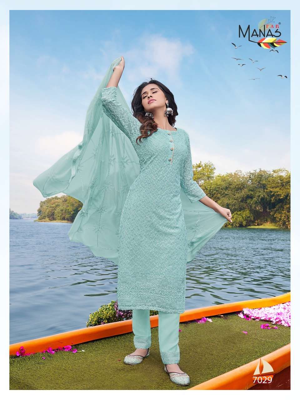Manas Schiffli Vol 5 Catalog Georgette Readymade Top Bottom With Dupatta
