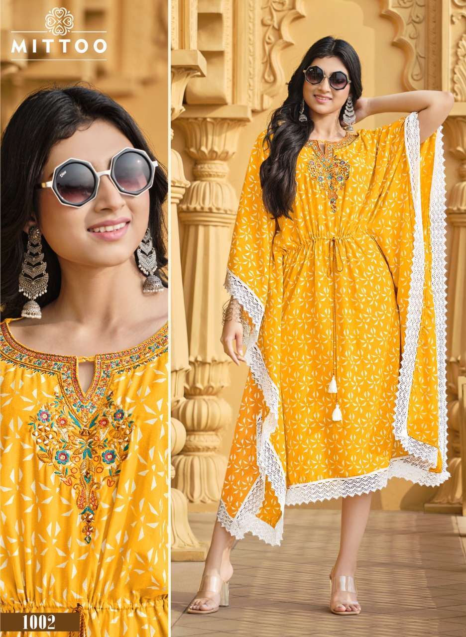 Mittoo Arohi catalog Rayon Print Kaftan Style Kurti 