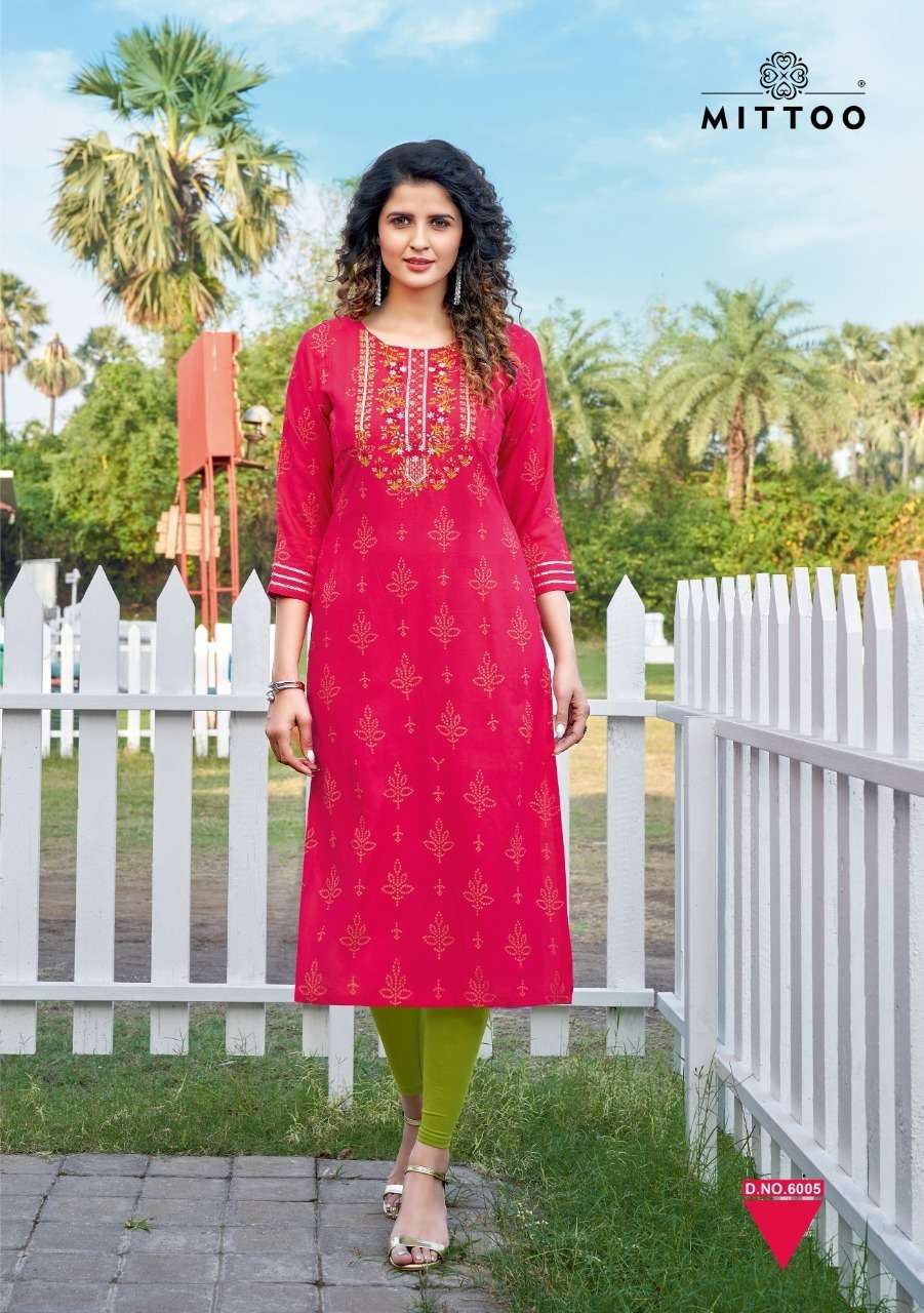 Mittoo Bandhan Catalog Party Wear Rayon Print With Handwork Kurtis 