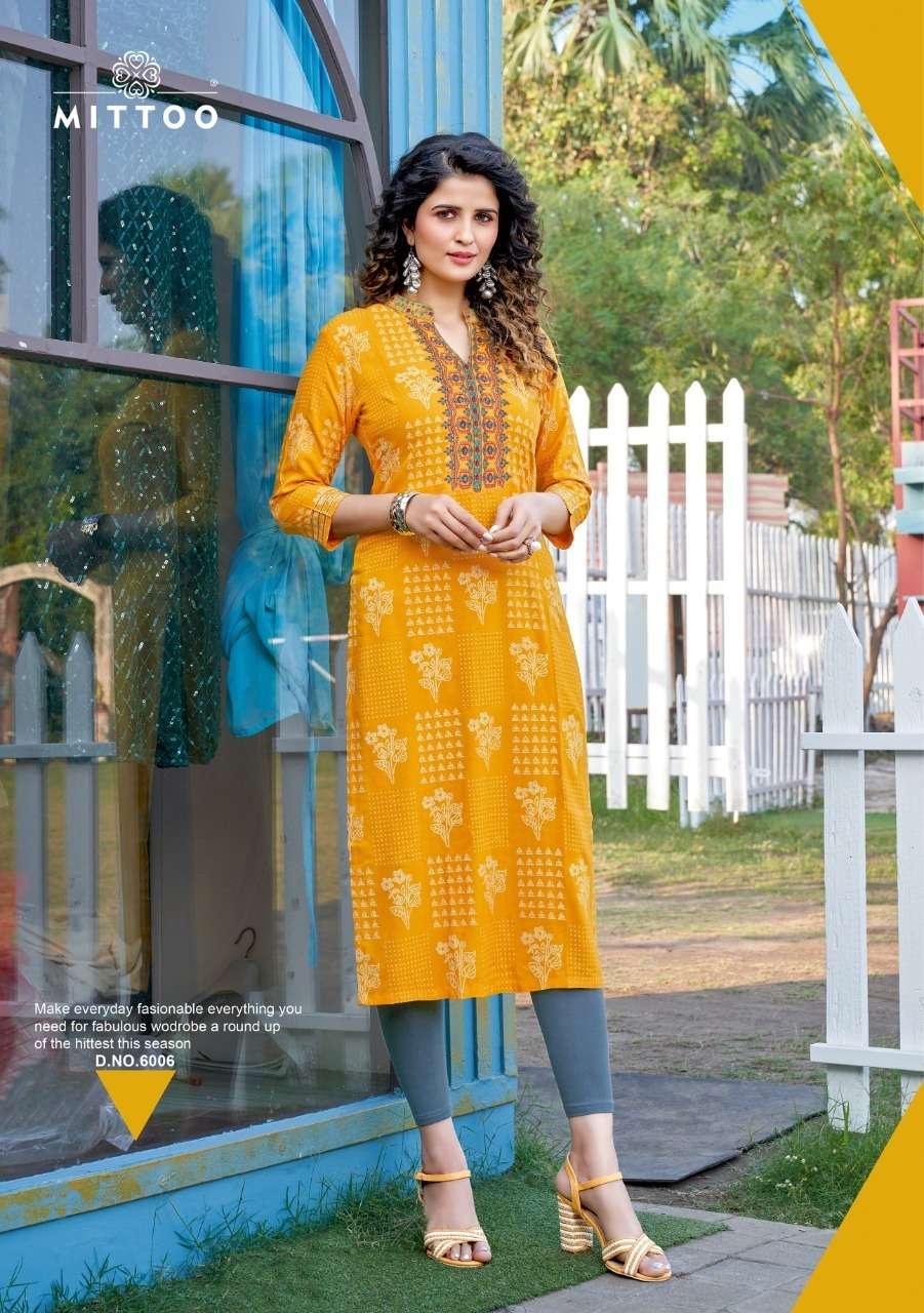 Mittoo Bandhan Catalog Party Wear Rayon Print With Handwork Kurtis 
