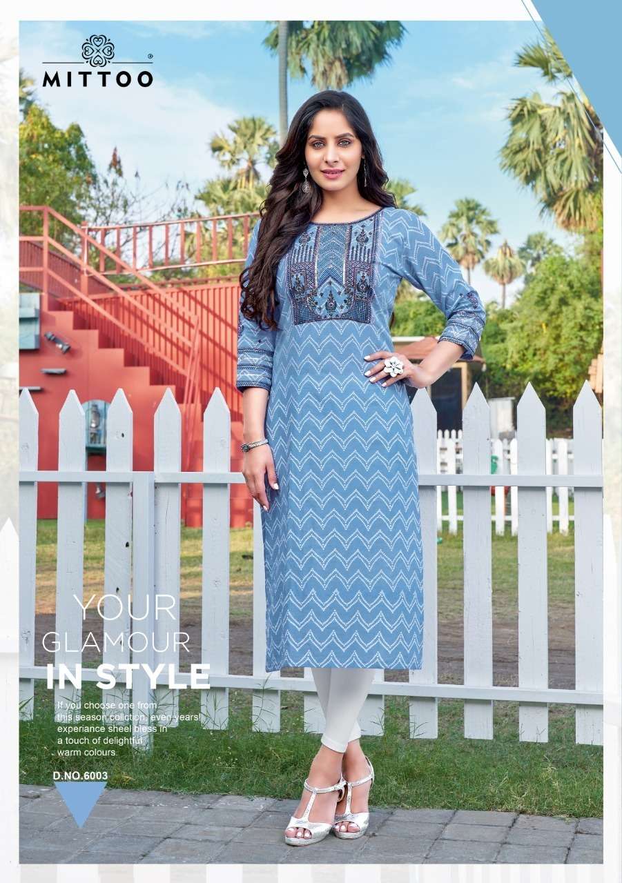 Mittoo Bandhan Catalog Party Wear Rayon Print With Handwork Kurtis 