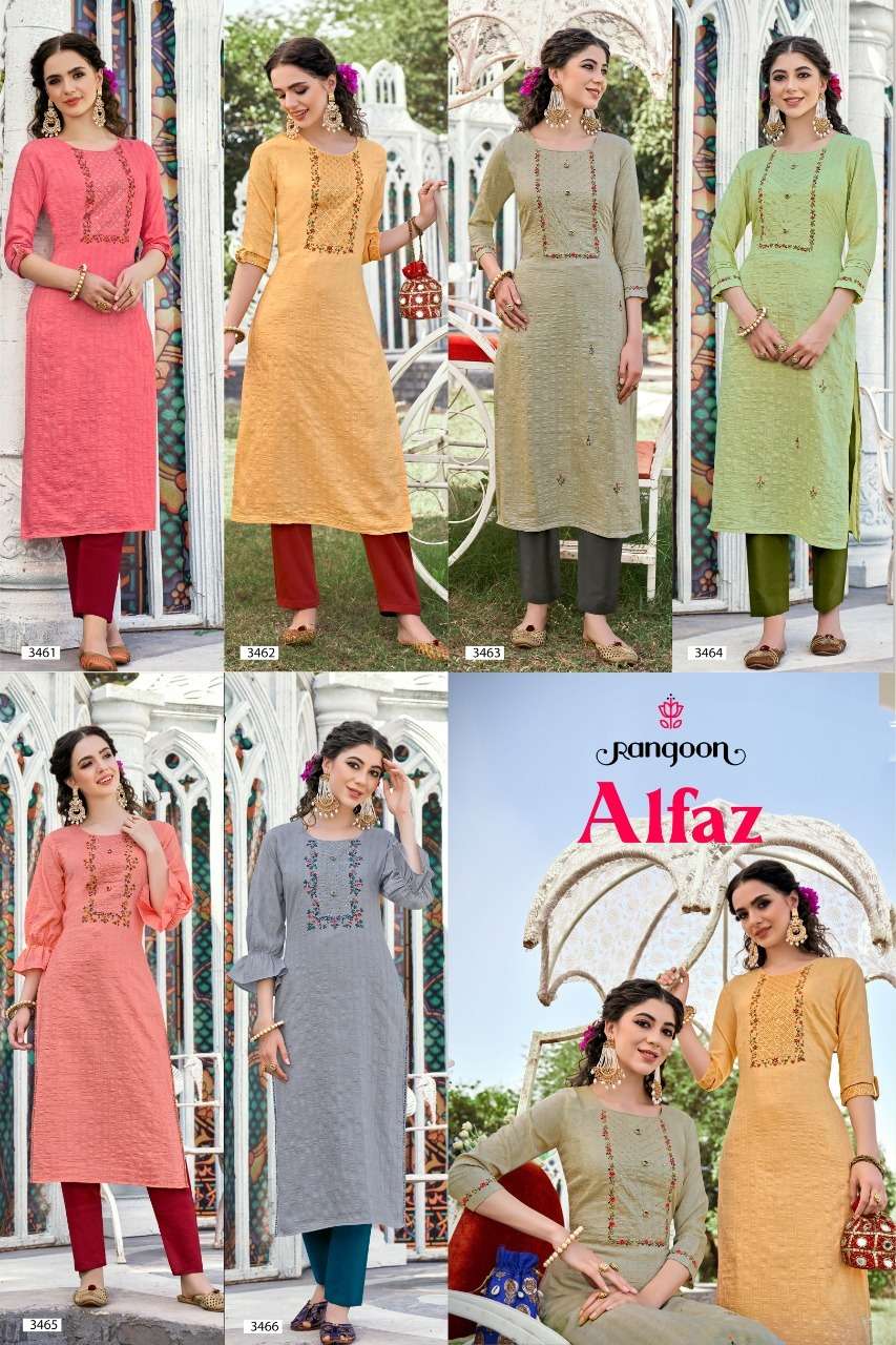 Rangoon Alfaz Catalog Designer Wear Chinon work Kurtis 