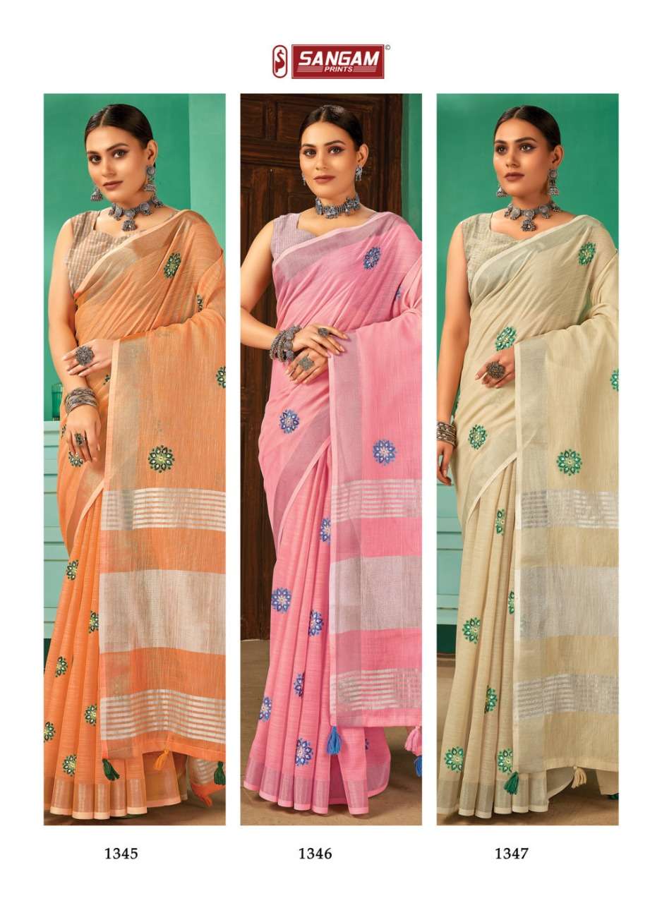 Sangam Paro Catalog Designer Linen Work Sarees