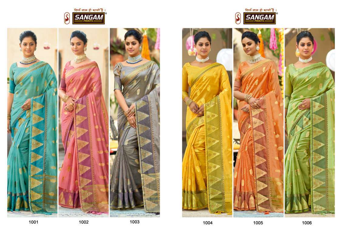 Sangam Silver Stone Catalog Fancy Organza Work Saree 