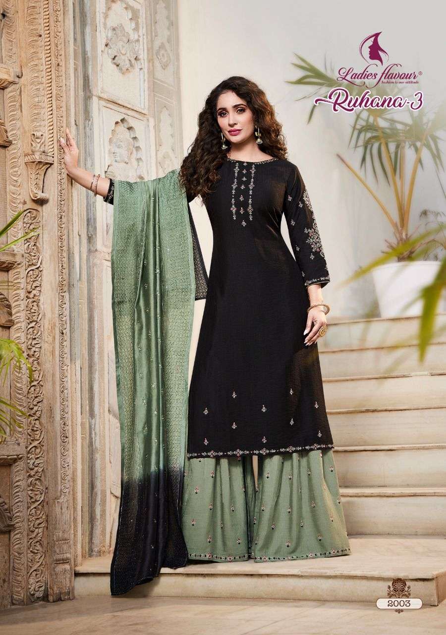 Ladies Flavour Ruhana Vol 3 Catalog Designer Wear Readymade Top Sharara With Dupatta