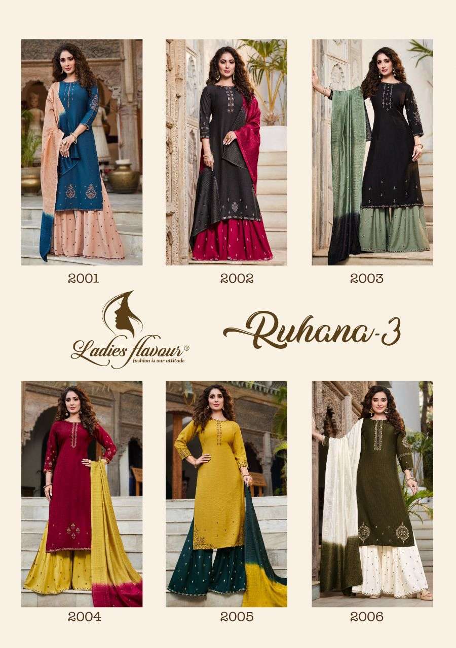 Ladies Flavour Ruhana Vol 3 Catalog Designer Wear Readymade Top Sharara With Dupatta