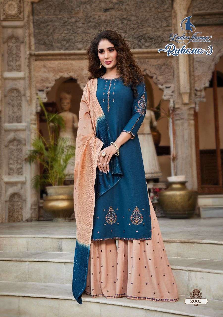 Ladies Flavour Ruhana Vol 3 Catalog Designer Wear Readymade Top Sharara With Dupatta