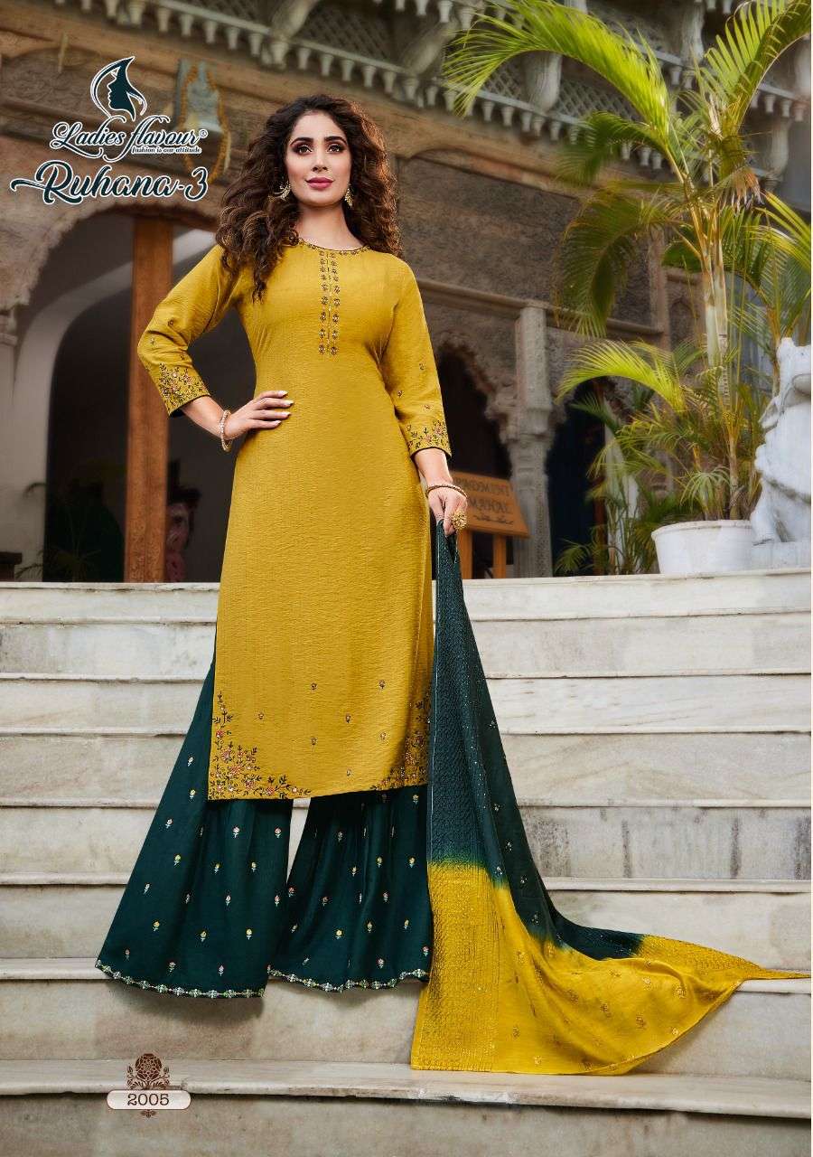 Ladies Flavour Ruhana Vol 3 Catalog Designer Wear Readymade Top Sharara With Dupatta