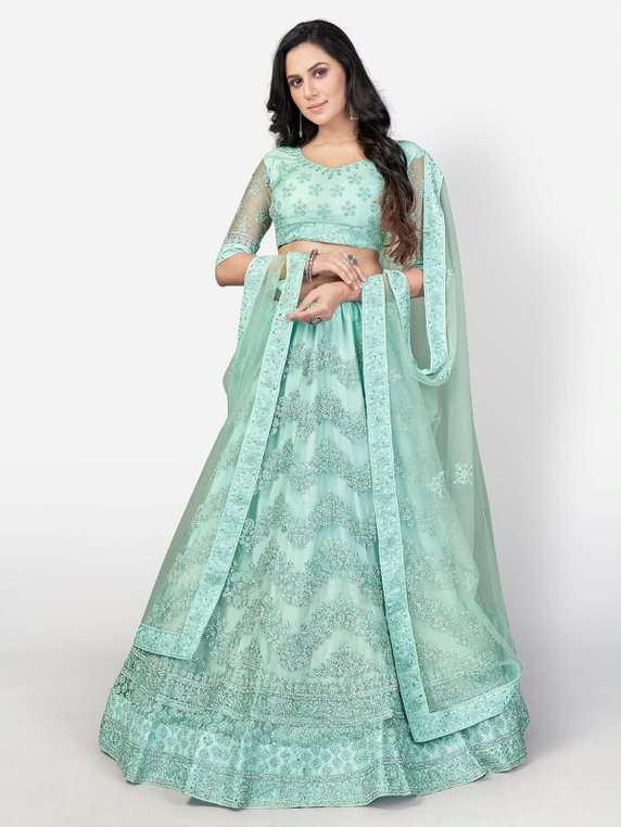  Sky Blue 1096 Embroidered Net Semi Stitched Lehenga choli collection Buy Online Lehenga at wholesale price in Surat