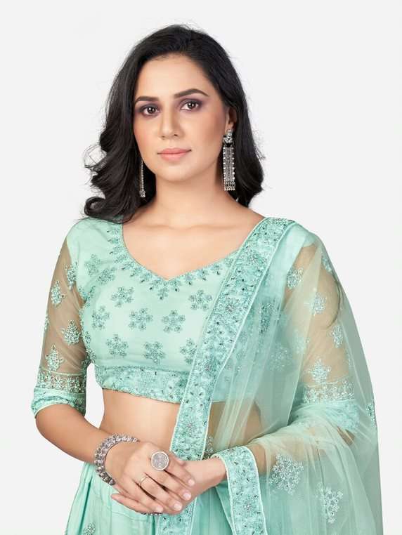  Sky Blue 1096 Embroidered Net Semi Stitched Lehenga choli collection Buy Online Lehenga at wholesale price in Surat