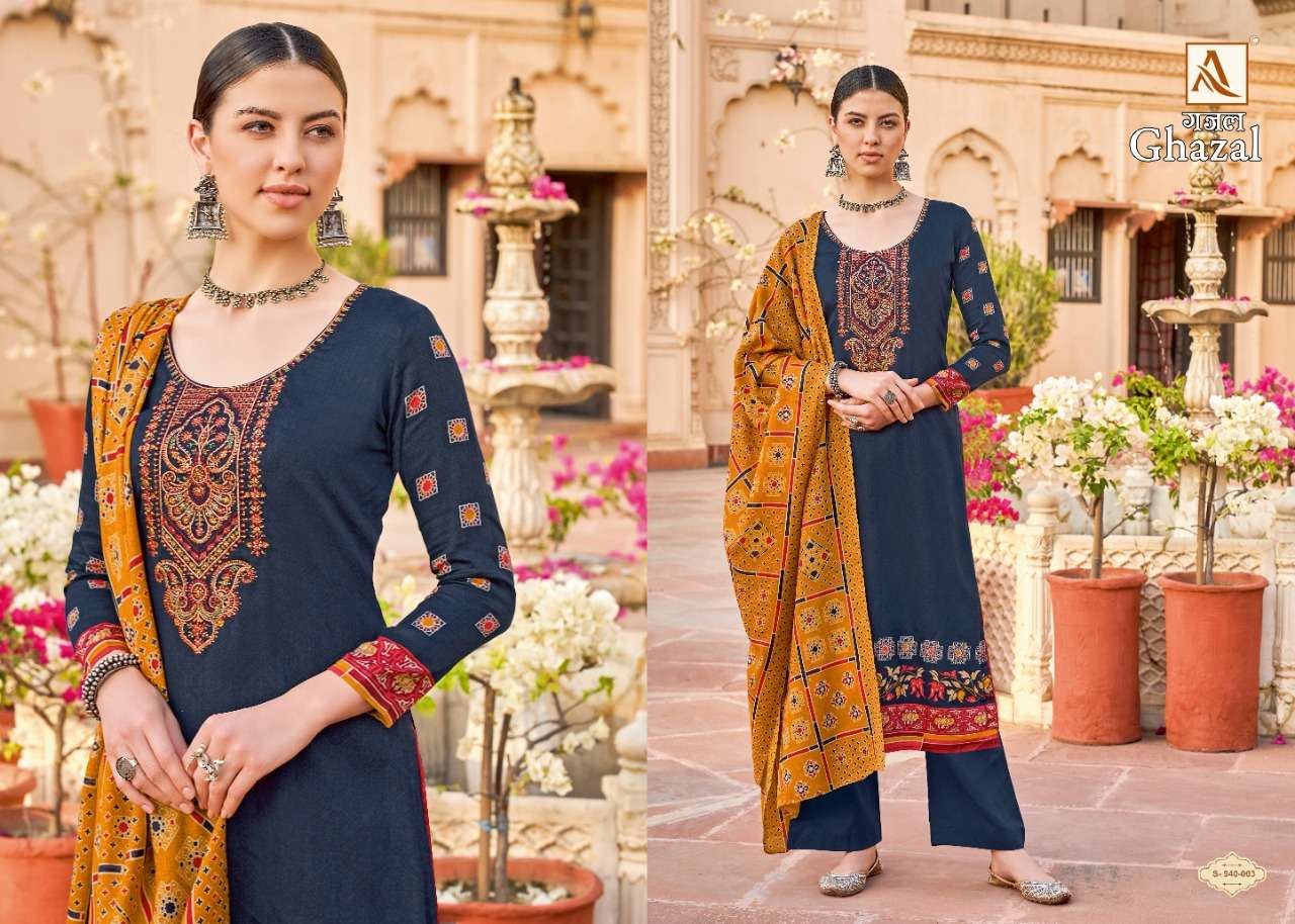 Alok Ghazal Catalog Party Wear Pure Jam Cotton Embroidery Dress Materials