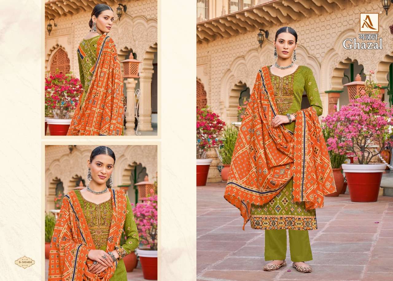 Alok Ghazal Catalog Party Wear Pure Jam Cotton Embroidery Dress Materials