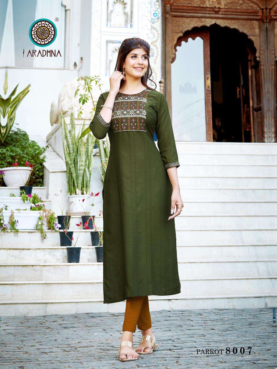Aradhna Parrot Vol 8 Catalog Daily Wear Rayon Embroidery Kurtis