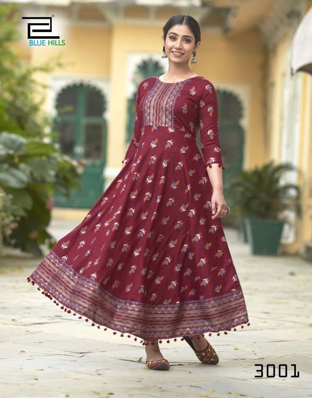 Blue Hills Pom Pom Vol 3 Catalog Party Wear Long Anarkali Kurtis Wholesale In Surat 