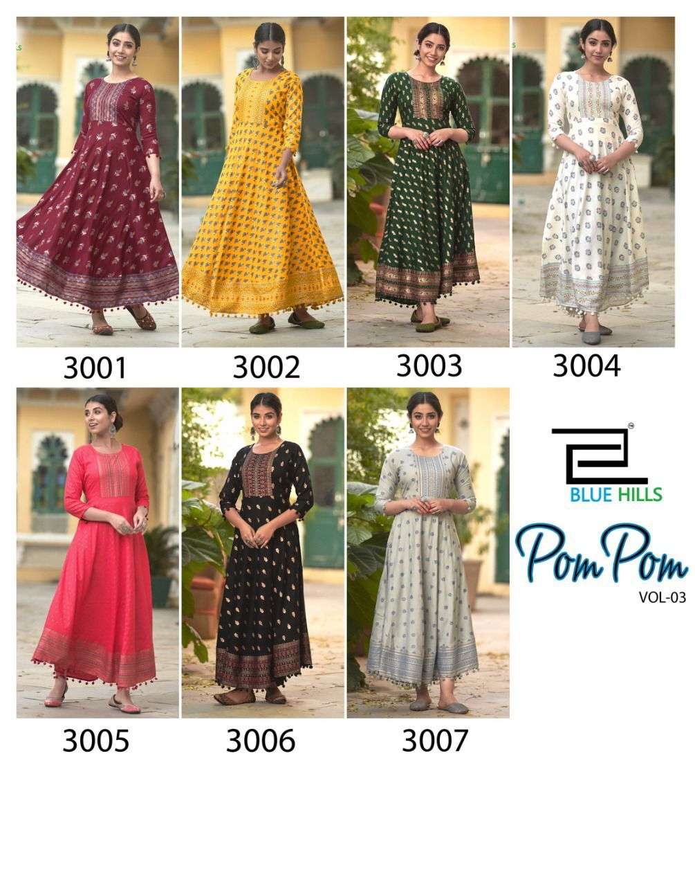 Blue Hills Pom Pom Vol 3 Catalog Party Wear Long Anarkali Kurtis Wholesale In Surat 