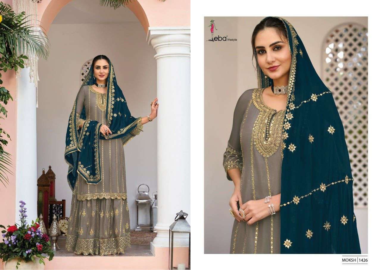 Eba Moksh Vol 1 Catalog Exclusive Wear Faux Georgette Readymade Sharara Suits 